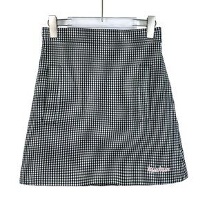 Miu Miu Womens Black & White Houndstooth Check Skirt With Pink Logo Embroidery S